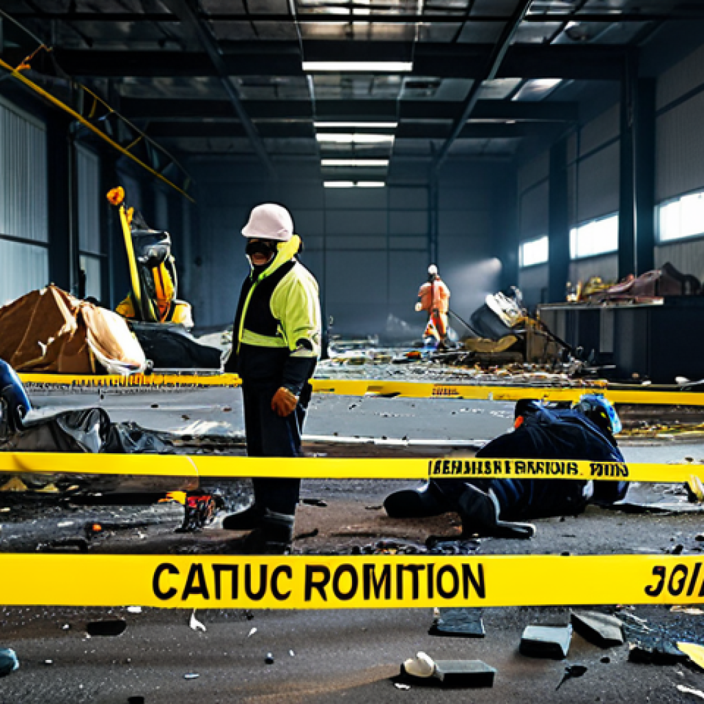 **Prompt:** An urgent and chaotic industrial accident scene immediately after the incident. Investigators in protective gear are rapidly securing the area with yellow caution tape, while emergency lights flash. Debris and a sense of disarray are visible, but the investigators maintain focused professionalism, emphasizing the critical importance of speed and precision in the first hours. Realistic, high detail, dynamic lighting, cinematic.