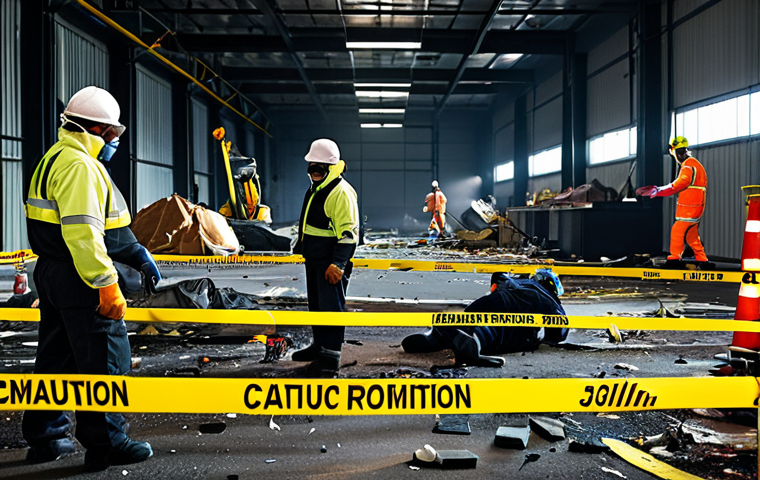 **Prompt:** An urgent and chaotic industrial accident scene immediately after the incident. Investigators in protective gear are rapidly securing the area with yellow caution tape, while emergency lights flash. Debris and a sense of disarray are visible, but the investigators maintain focused professionalism, emphasizing the critical importance of speed and precision in the first hours. Realistic, high detail, dynamic lighting, cinematic.