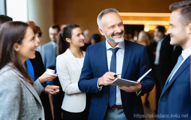 산업재해 전문가 네트워킹 팁 - **Prompt:** A dynamic, wide-angle shot of a professional networking event at a modern conference cen...