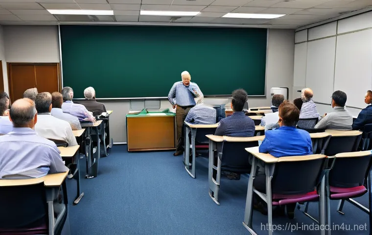 산업재해 예방을 위한 워크숍 기획 - The Monotony of Outdated Safety Training**

> **Prompt:** A drab, poorly lit classroom filled with a...