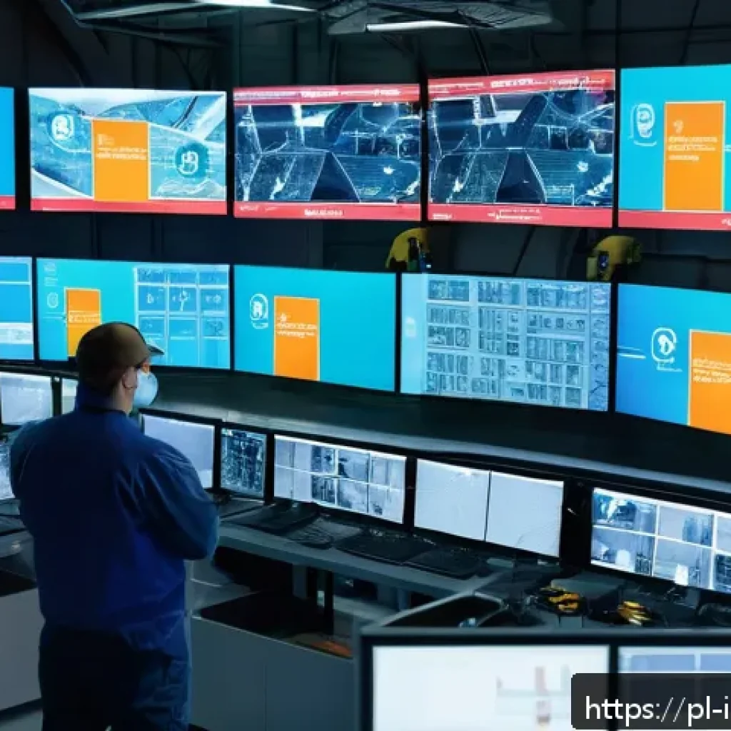 산업재해와 관련된 최신 기술 동향 - A high-tech industrial factory control room featuring multiple large screens displaying real-time AI...