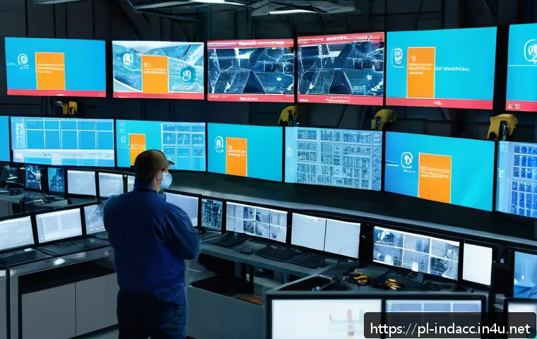 산업재해와 관련된 최신 기술 동향 - A high-tech industrial factory control room featuring multiple large screens displaying real-time AI...