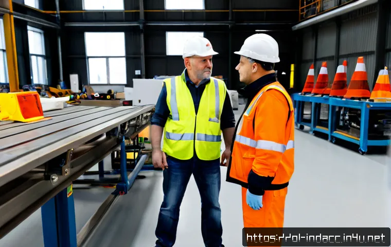 산업재해 사례 연구를 통한 교훈 - Photorealistic workplace safety case study scene in a modern Polish manufacturing workshop, a middle...